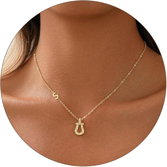 ITS4YEO Valentines Day Gifts for Women Hers, Lucky Horseshoe Initial Necklace, Dainty 14K Gold Plated Pendant Necklace, Trendy Hypoallergenic Jewelry, Gifts for Women and Teen Girls