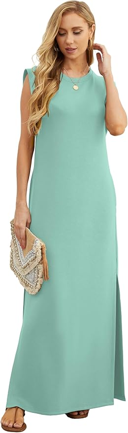 GRECERELLE 2026 Women Year-Round Casual Round Neck Loose Split Wrinkle-Free Long Maxi Vacation Dress with Pockets (XXS-4XL)