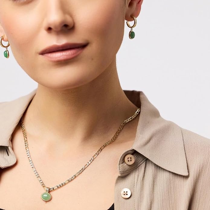 DISTANT DRUMS Simple Natural Green Aventurine Stone Jewelry Set for Women,Hoop Earrings,Bracelet,Necklace,18K Gold-plated Spiritual Gift,Fortunate Stone Jewelry,Choker