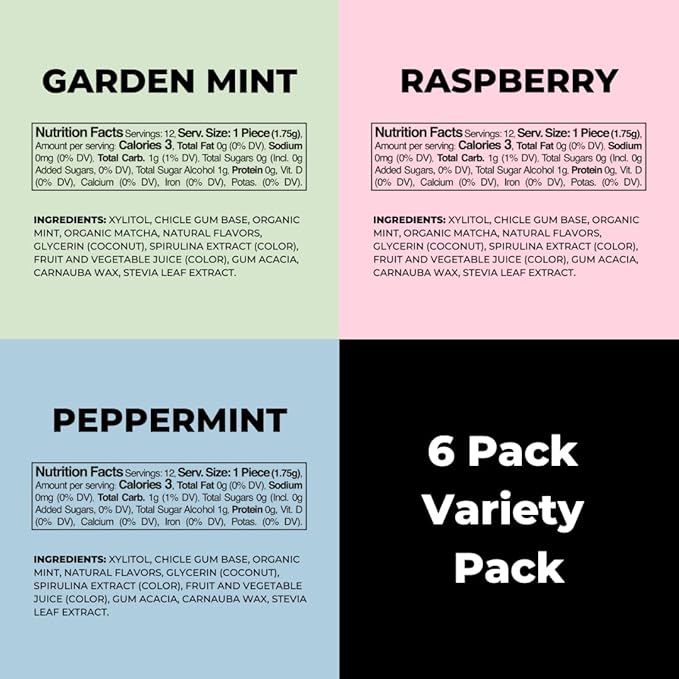 Refresh Gum, Xylitol, Natural, Sugar Free, Long Lasting, Plastic Free, Natural Flavors & Organic Ingredients, Plant-Based, Non GMO, Peppermint, Best Sellers Variety Pack, 12 Pcs, 6 Pack