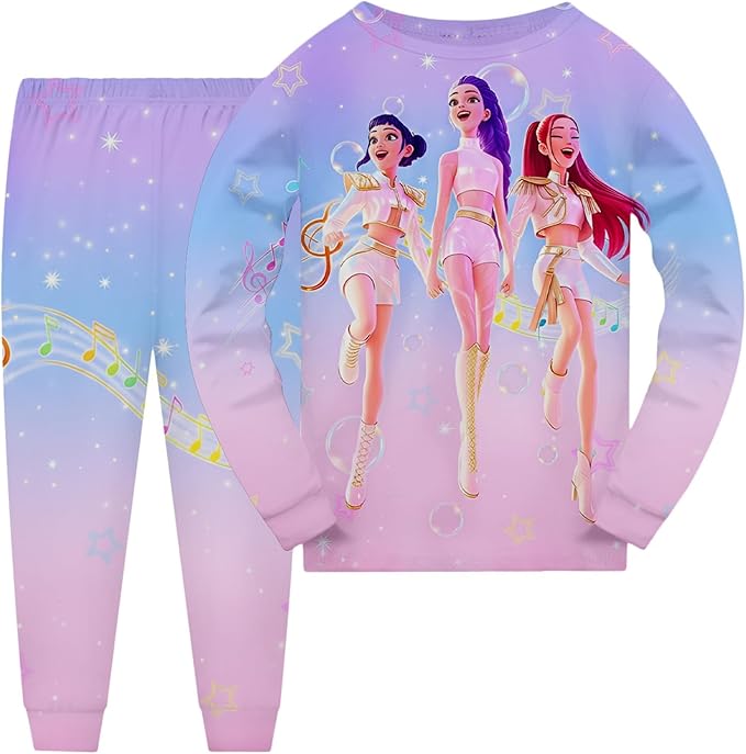 Girls 2 Piece K Pop Singer Outfits Cute Cartoon Graphic Shirts and Pants Casual Tracksuit Fashion Clothing Sets