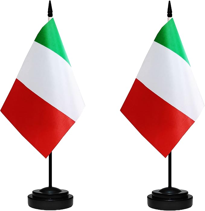 Italy Italian Deluxe Desk Flag Set Small Mini Miniature Italy Italian Table Desktop Flags With Solid Pole, Black Base and Spear Top(2 Pack)