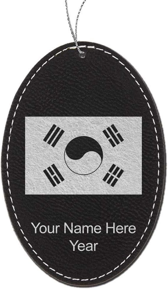 LaserGram Personalized Christmas Ornament, Flag of South Korea, Faux Leather, Custom Laser Engraved Gift Idea (Oval Shape, Black with Silver)