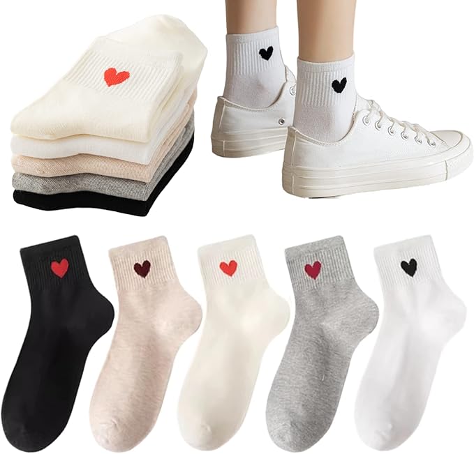 CHUNFO Cute Heart White Red Ankle Women Socks Frilly Fun Bear Pattern Long Crew Novelty Aesthetic Girls Sock 4 & More Pairs