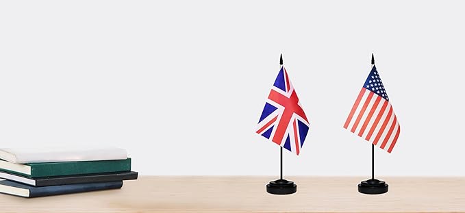 USA American & Britain United Kingdom Desk Flags, US UK Office Table Flag, Small Mini Miniature UK and US Desktop Flag With 13" Solid Black Pole, Black Base