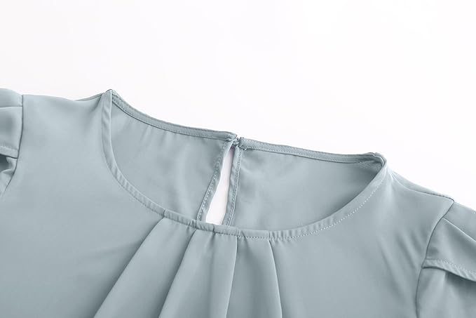 TASAMO Women's Casual Round Neck Basic Pleated Top Cap Sleeve Curved Keyhole Back Chiffon Blouse