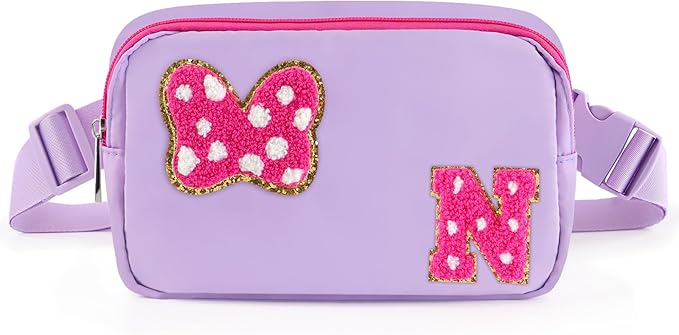Chenille Initial Letter Bow Mouse Fanny Pack, Waterproof Park Crossbody Bag Christmas Birthday Gifts for Teen Girls Daughter Women Kids Adults, Cute Belt Bag Must Haves for Park Travel (N, Purple)