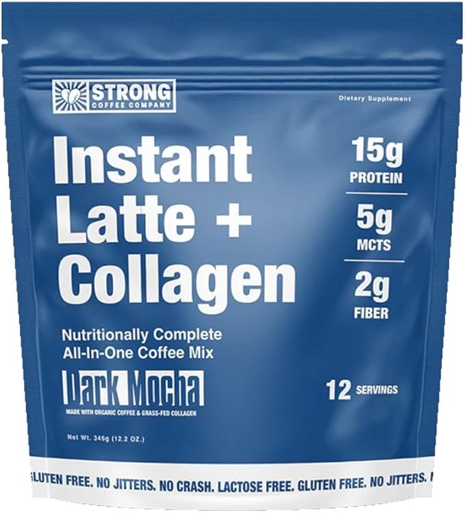 Strong Coffee Co. Dark Mocha Instant Latte | Organic Coffee with 15g Collagen Protein | Lion’s Mane & L-Theanine | Nootropic Instant Coffee | 12 Servings