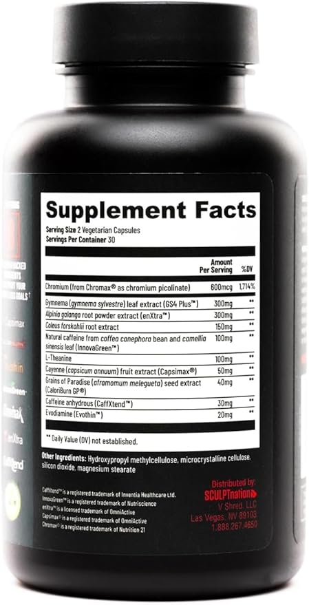 Sculpt Nation by V Shred - Daytime Metabolism Support with Chromium, Symnema Leaf Extract and Alpinia Galanga Root Powder Extract - 60 Natural Veggie Pills - 2 Pack