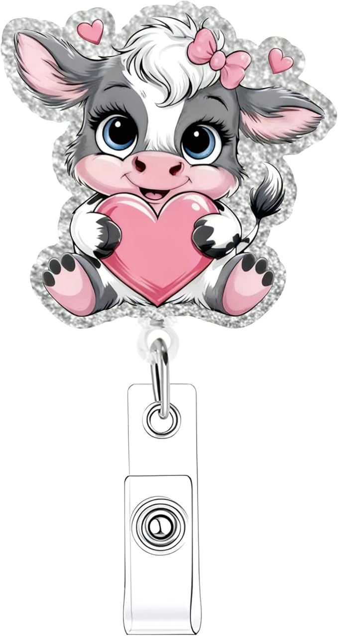 Valentines Cute Cow Badge Reel Holder for Nurse Retractable Badge Reel Holder Name ID Badge Reels with Pink Heart Design Badge Holder with Swivel Alligator Clip for Lover Nurse Doctor