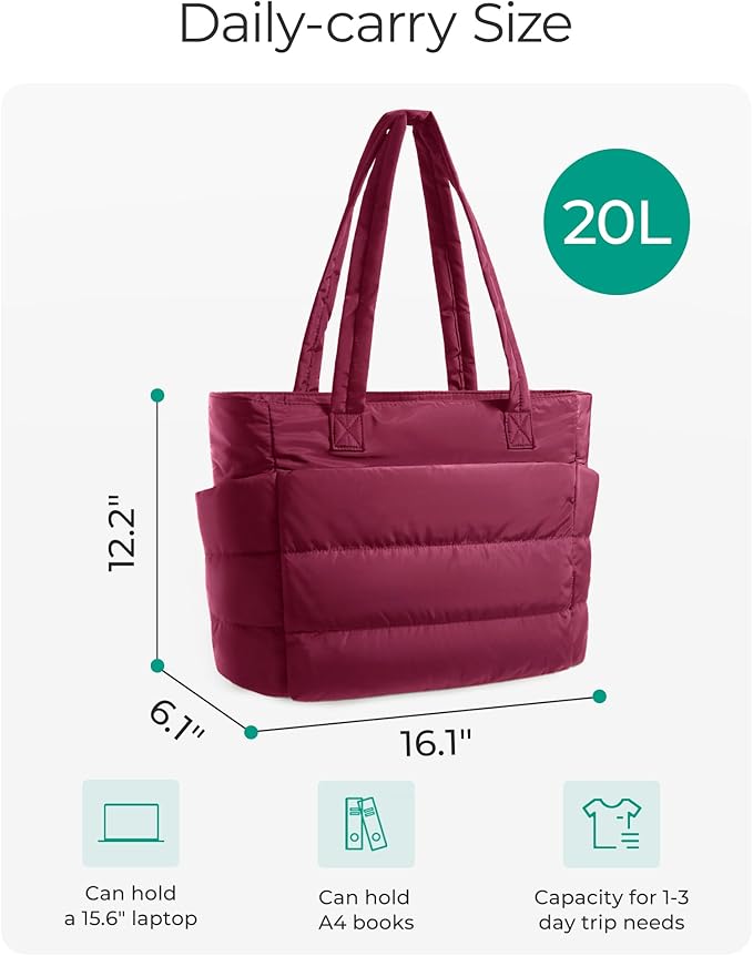 BAGSMART Tote Bag for Women, Lightweight Puffy Tote Bag with Compartments Shoulder Bag Handbag for Travel, Work, Gym | Lightweight, Puffy, Tote Bag with Compartments, Quilted, for Travel, Work