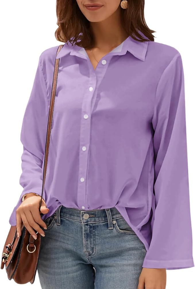 Womens Classic Shirts Casual Button Solid Color Long Sleeve Work Blouse Collared Relaxed Fit Summer Tops