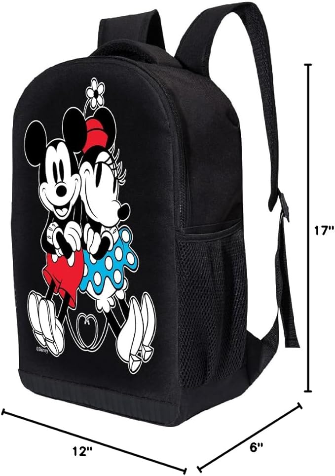 Disney Minnie Mouse Black Backpack for Women and Kids - 17 Inch Air Mesh Padded Womens Knapsack for School and Travel (Mickey-Minnie)