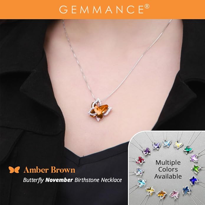 GEMMANCE Gift Butterfly Birthstone Crystal Necklace, Silver Tone with 18”+2” Chain, Necklace for Mother’s Day Anniversary Birthday Gifts for Women and Daughter, Valentine's Day