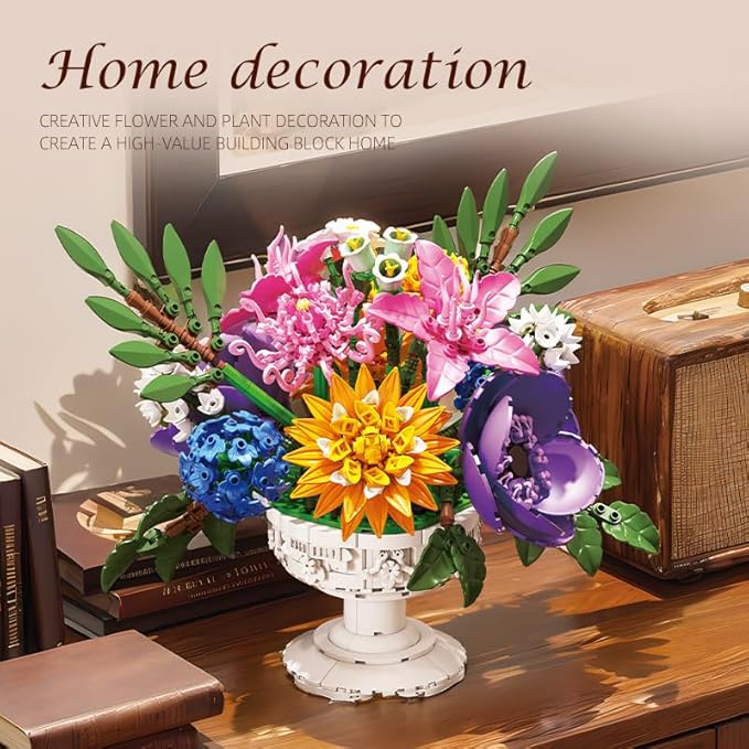 noziaa Botanicals Flower Arrangement Artificial Flowers Building Set, Home Office Decoration Succulent Plant Bonsai Building Toy, Gift for Girls, Standard Particles 1081 PCS (JJ9234)