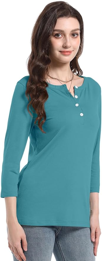 PGANDS Women's 3/4 Length Sleeve T Shirts Button Down Scoop Neck Casual Tops
