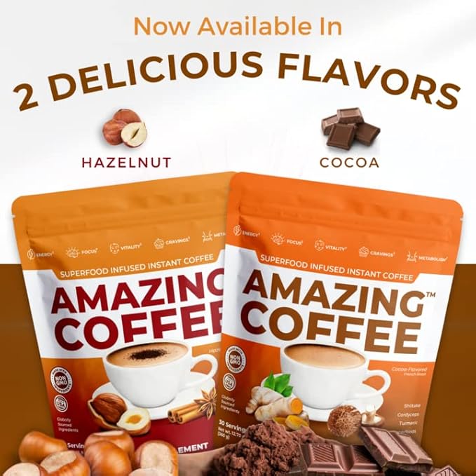 Superfoods Company | Amazing Coffee - Instant French Roast | Adaptogenic Mushrooms, Superfoods infused - Energy, Focus, Digestion, Immunity - 60 Servings - Cocoa Flavor