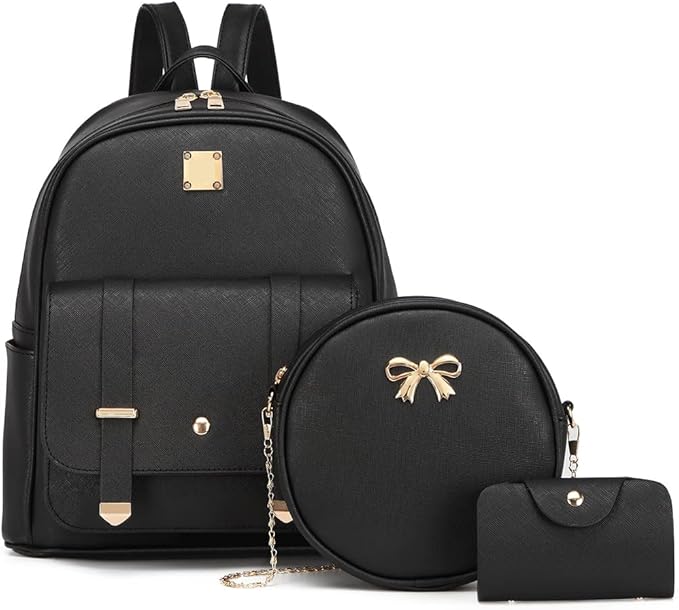 MACCINELO Cute Leather Mini Backpack Purse for Women Bowknot Small Backpack for Girls gift Rucksack Ladies Shoulder Bag 3pcs