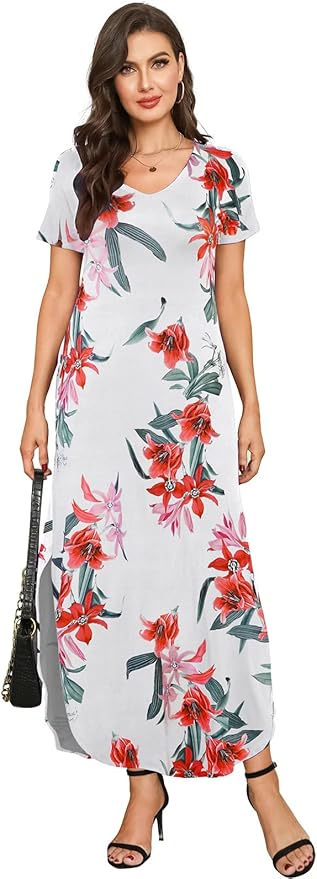 Arolina Women's Summer Maxi Dress Short Sleeve V Neck Casual Loose Long Beach Split Dresses with Pockets