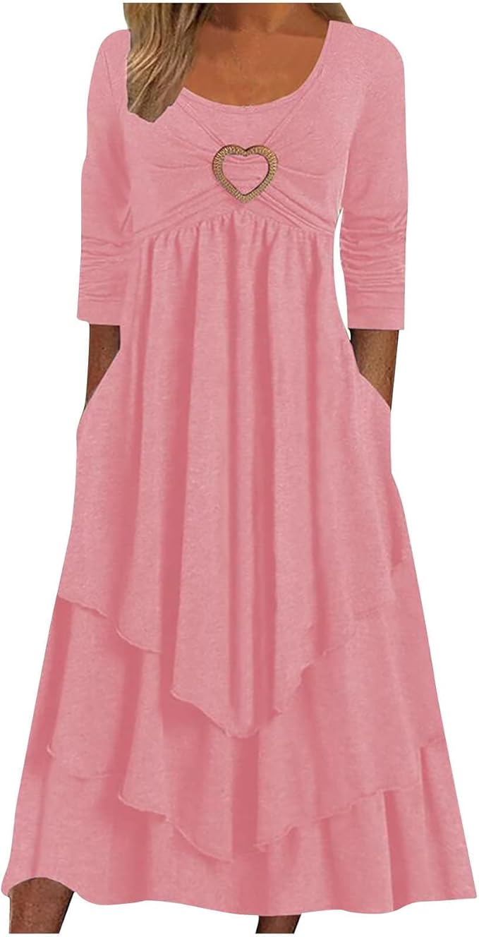Winter Dresses for Women Wedding Guests Casual Cute Heart Long Sleeve Tiered Maxi Dress with Pockets Plus Size