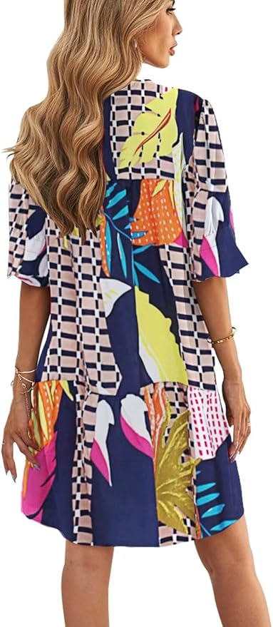 Wkior Shift Dress for Women V Neck Short Sleeves Solid Color Casual Flowy Summer Dresses(S-2XL)