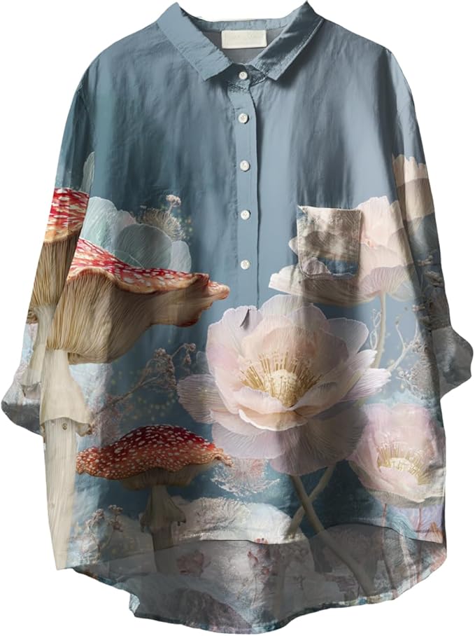 Women Funny Graphic Long Sleeve Floral Blouses Plus Size Button Shirts Casual Cute Vneck Fall Tunic Tops Trendy