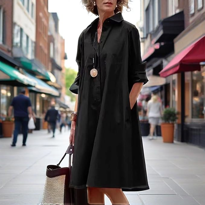 Womens 2025 Long Sleeve Button Down Shirt Summer Dress Casual V Neck Loose Fit Midi Shirt Dresses with Pockets