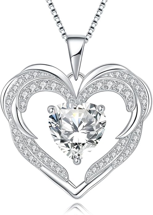 Jurikko Heart Necklaces Valentine's Gift for Women, Birthstone 925 Sterling Silver Angel Wings Love Pendant Necklaces for Women, Jewelry Gifts for Wife, Anniversary, Mother's day