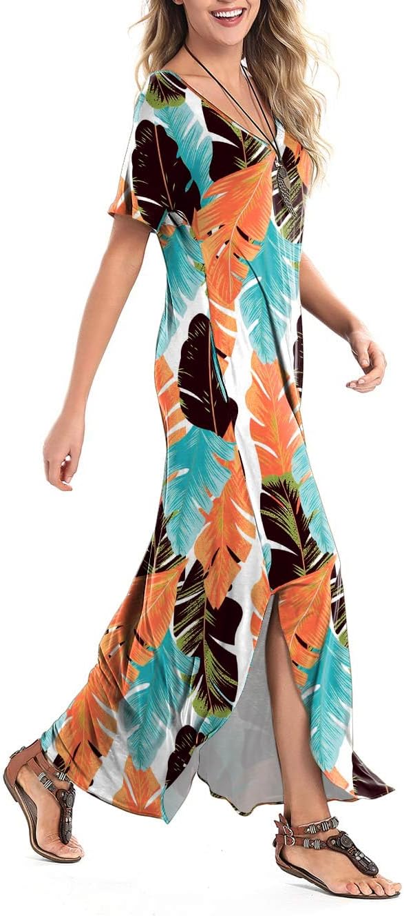 Arolina Women's Summer Maxi Dress Short Sleeve V Neck Casual Loose Long Beach Split Dresses with Pockets