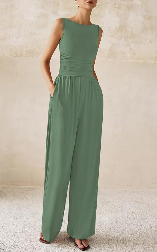 PRETTYGARDEN One Piece Jumpsuits for Women Dressy Casual Sleeveless Crewneck Wide Leg Rompers Jumpers Vacation Summer Outfits