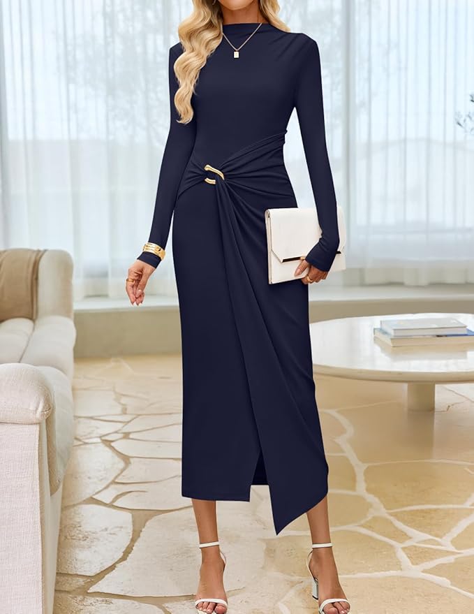 ZESICA Women's 2026 Spring Long Sleeve Bodycon Dress Mock Neck Wedding Guest Cocktail Party Long Midi Dresses