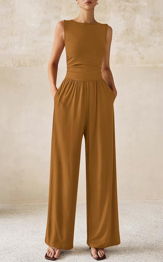 PRETTYGARDEN One Piece Jumpsuits for Women Dressy Casual Sleeveless Crewneck Wide Leg Rompers Jumpers Vacation Summer Outfits