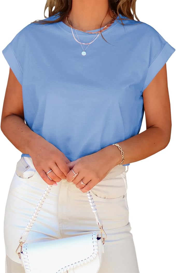 Tankaneo Womens Short Sleeve Cropped T-Shirts Summer Rolled Dolman Sleeve Crop Tops Casual Round Neck Solid Short Basic Tees