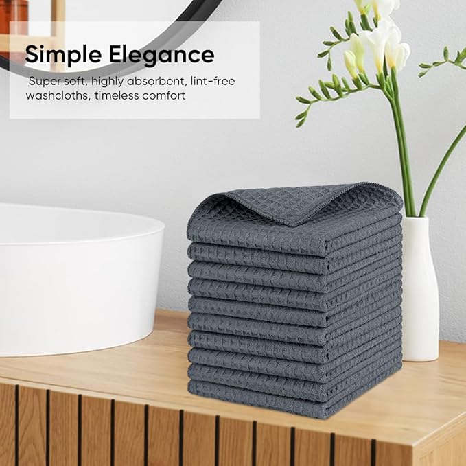 HOMEXCEL Grey Waffle Washcloths Towels 10 Pack, Premium Microfiber Face Towels, Ultra Soft, Lightweight Highly Absorbent Quick Dry Washcloths for Bathroom, Gym, Shower, Hotel, Spa 12 x 12 Inch