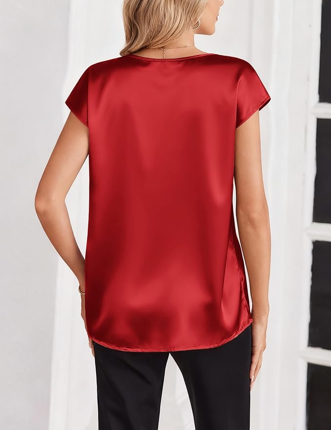 Zeagoo Women Silk Satin Tops Cap Short Sleeve Blouse V Neck Shirts Business Casual Outfits S-2XL