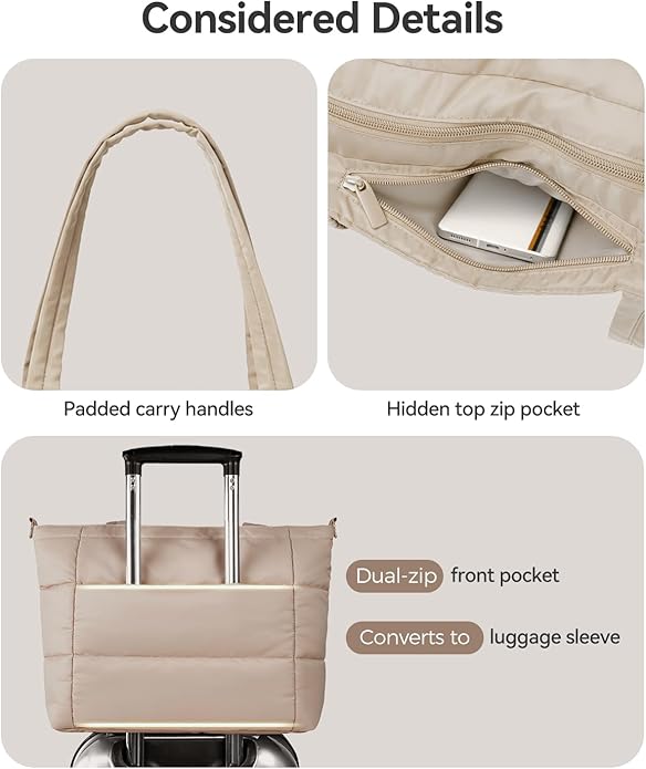 Moyad Puffy Tote Bag for Women with Zipper, Lightweight Quilted Bags Shoulder Handbag for Work, Travel, Gym, Nurse, Teacher