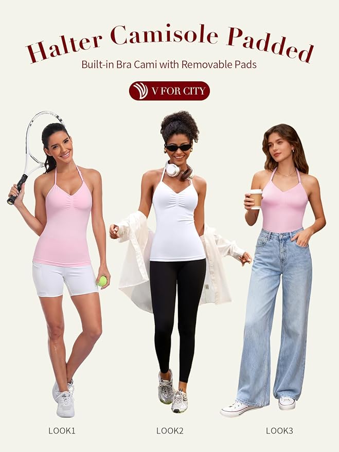 V FOR CITY Built in Bra Halter Tops for Women Padded Workout Tank Strappy Camisole Gym Yoga Cami Top