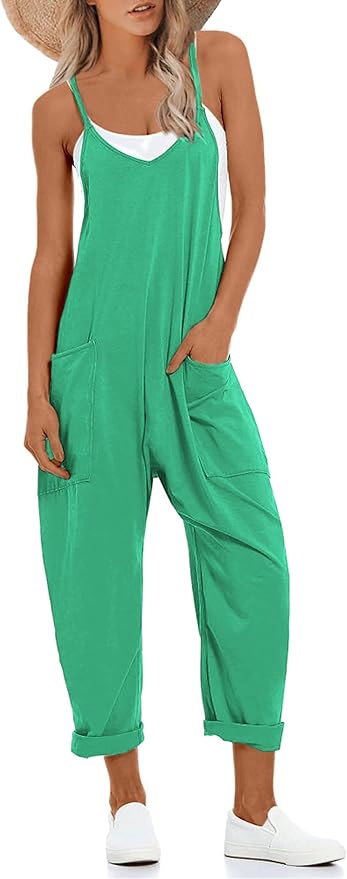 Lentta Women's Causal Jumpsuits V Neck Sleeveless Harem Overalls Stretchy Adjustable Strap Romper with Pockets