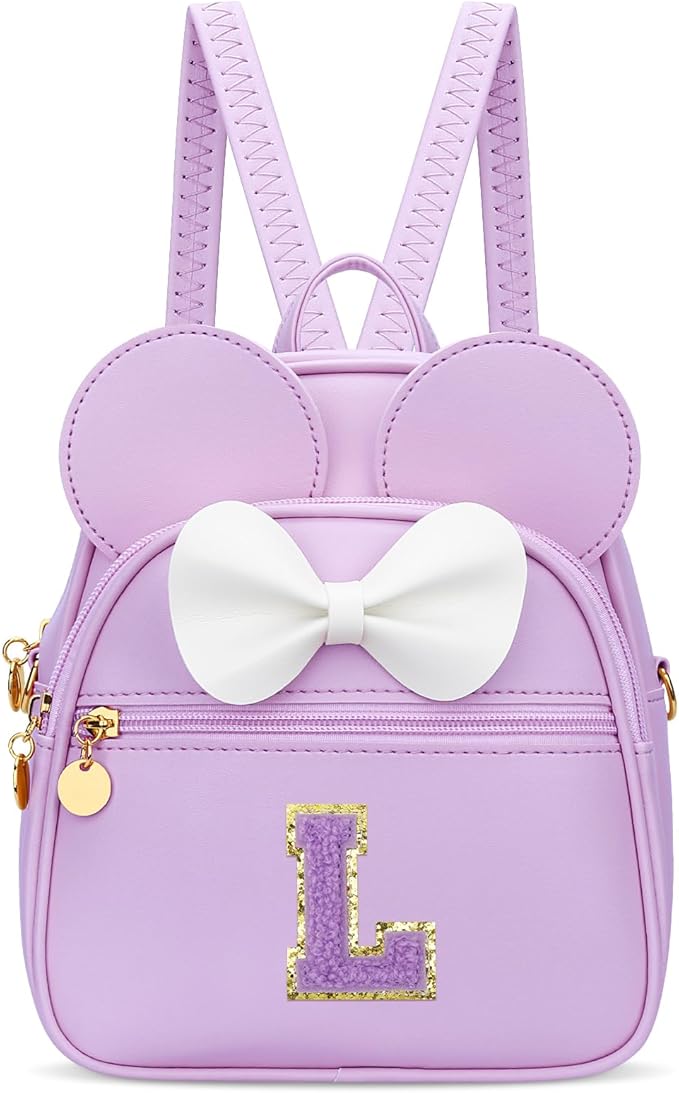 KKXIU Girls Initial Bowknot Cute Mini Backpack for Toddler, Travel Small Girl Backpacks, Personalized Valentine's Day Gifts for Little Girls and Kids(L, Purple)