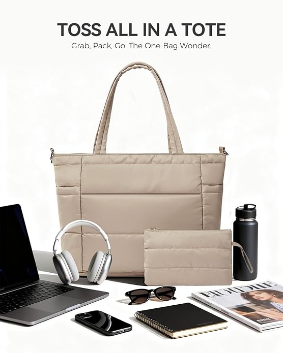 Moyad Puffy Tote Bag for Women with Zipper, Lightweight Quilted Bags Shoulder Handbag for Work, Travel, Gym, Nurse, Teacher