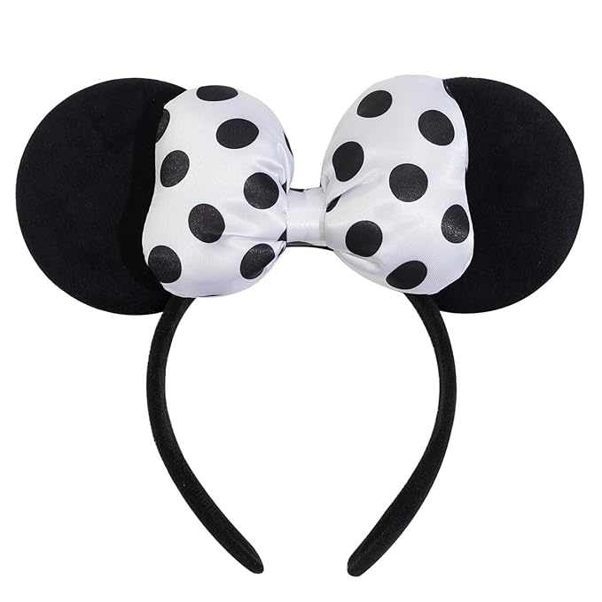 Jeffan Mouse Ear Headband with 3D Cotton Bow, Polka Dot Bow Mouse Party Costume Accessories for Women Girls (Black)