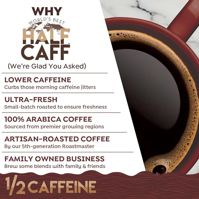 World's Best Half Caff Caramel Coffee Pods, 18 ct, Medium Roast Flavored Coffee in Recyclable Single Serve Pods – 100% Arabica Beans, Compatible with Keurig K Cups Maker