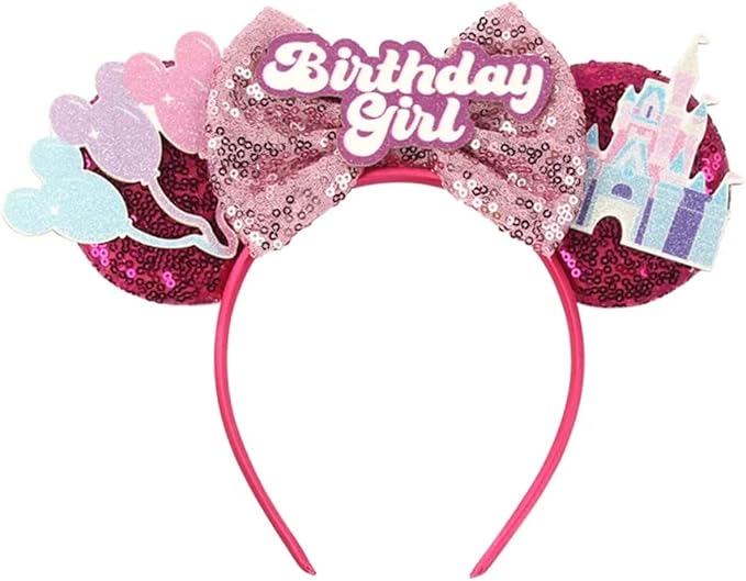 XINGKANG Mouse Ear Sparkling Headband, pink bow, birthday, Balloons, Castle, Firmly Occupying the C Position at the Party