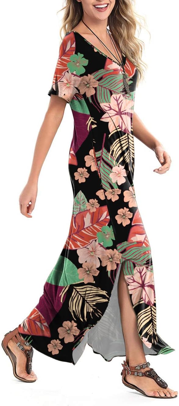 Arolina Women's Summer Maxi Dress Short Sleeve V Neck Casual Loose Long Beach Split Dresses with Pockets