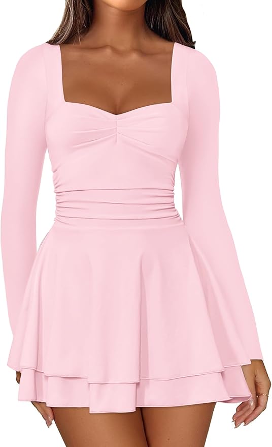 IWD Women's Square Neck Long Sleeve Mini Dress Ruched Corset Waist Tiered Ruffle Hem A Line Short Party Dresses