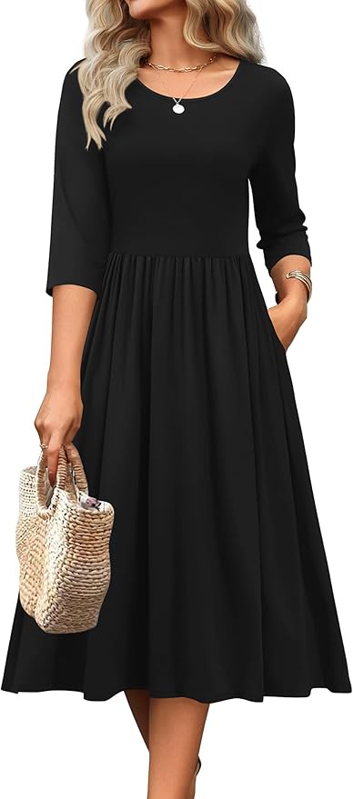 Zeagoo 3/4 Sleeve Women's Dress Casual Flowy A-Line Midi Tshirt Dresses with Pockets Crewneck Vocation Boho Beach Sundress