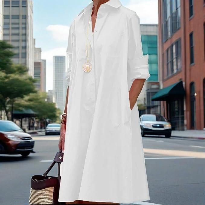 Womens 2025 Long Sleeve Button Down Shirt Summer Dress Casual V Neck Loose Fit Midi Shirt Dresses with Pockets