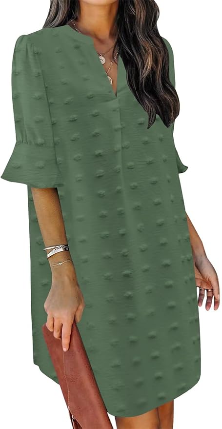 QACOHU Summer Dresses for Women V Neck Ruffle Short Sleeve Casual Shift Dress