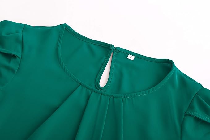 TASAMO Women's Casual Round Neck Basic Pleated Top Cap Sleeve Curved Keyhole Back Chiffon Blouse