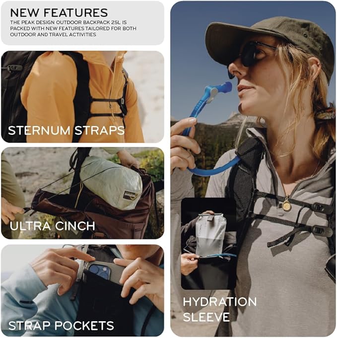 Peak Design Outdoor Backpack 25L, Black, Compact and Lightweight Frameless Daypack, Ultra Cinch Roll-Top Design, Ideal for Day Hikes, Camera Carry and Commuting, Versatile Backpack for Men and Women